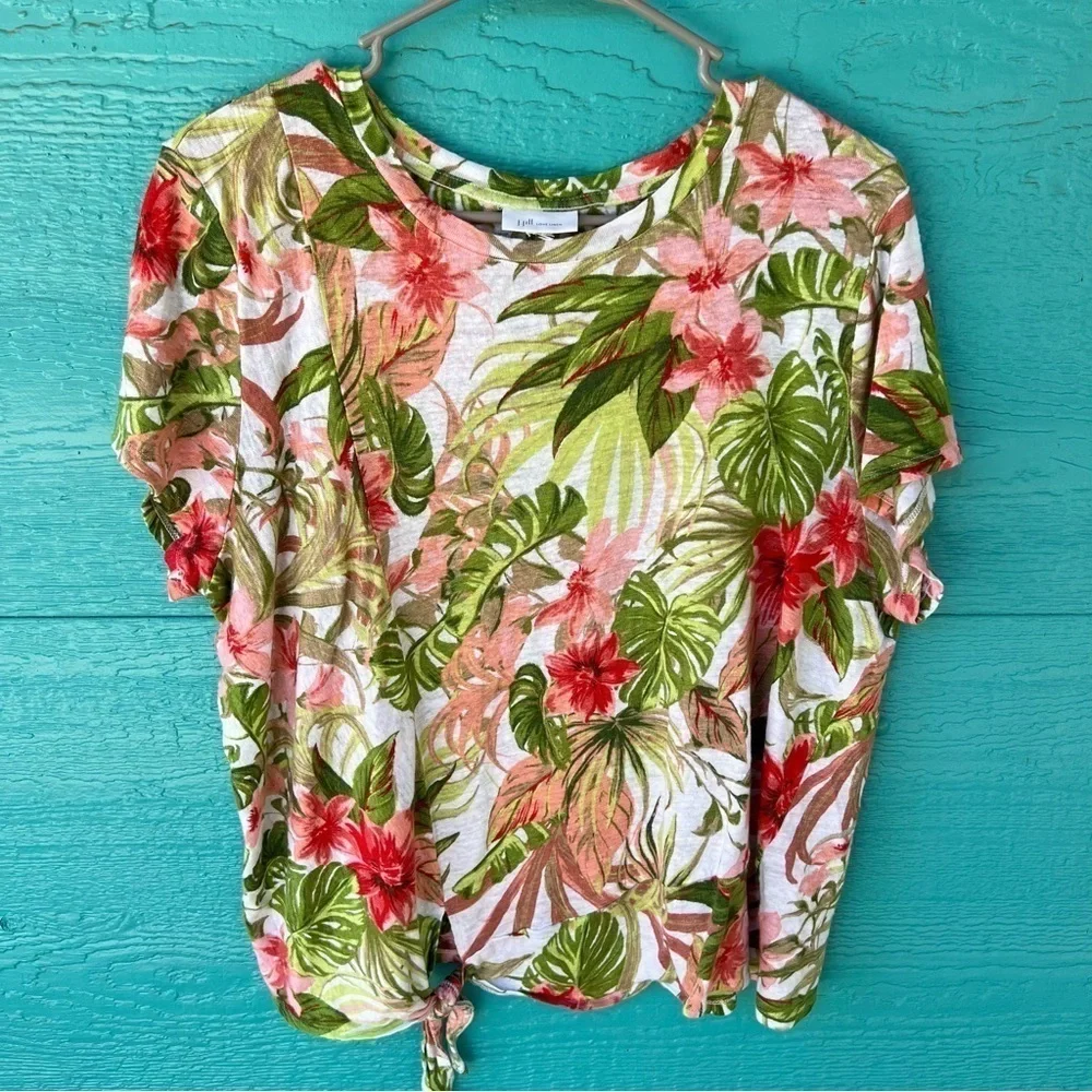 J.JILL LOVE LINEN TROPICAL FLORAL PRINT TIE FRONT BOXY TOP SIZE MEDIUM - Picture 2 of 8